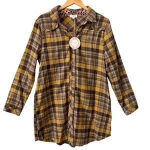 Umgee Sz Md Dark Yellow Brown Plaid Frayed Hem Button Down Shirt Dress Western